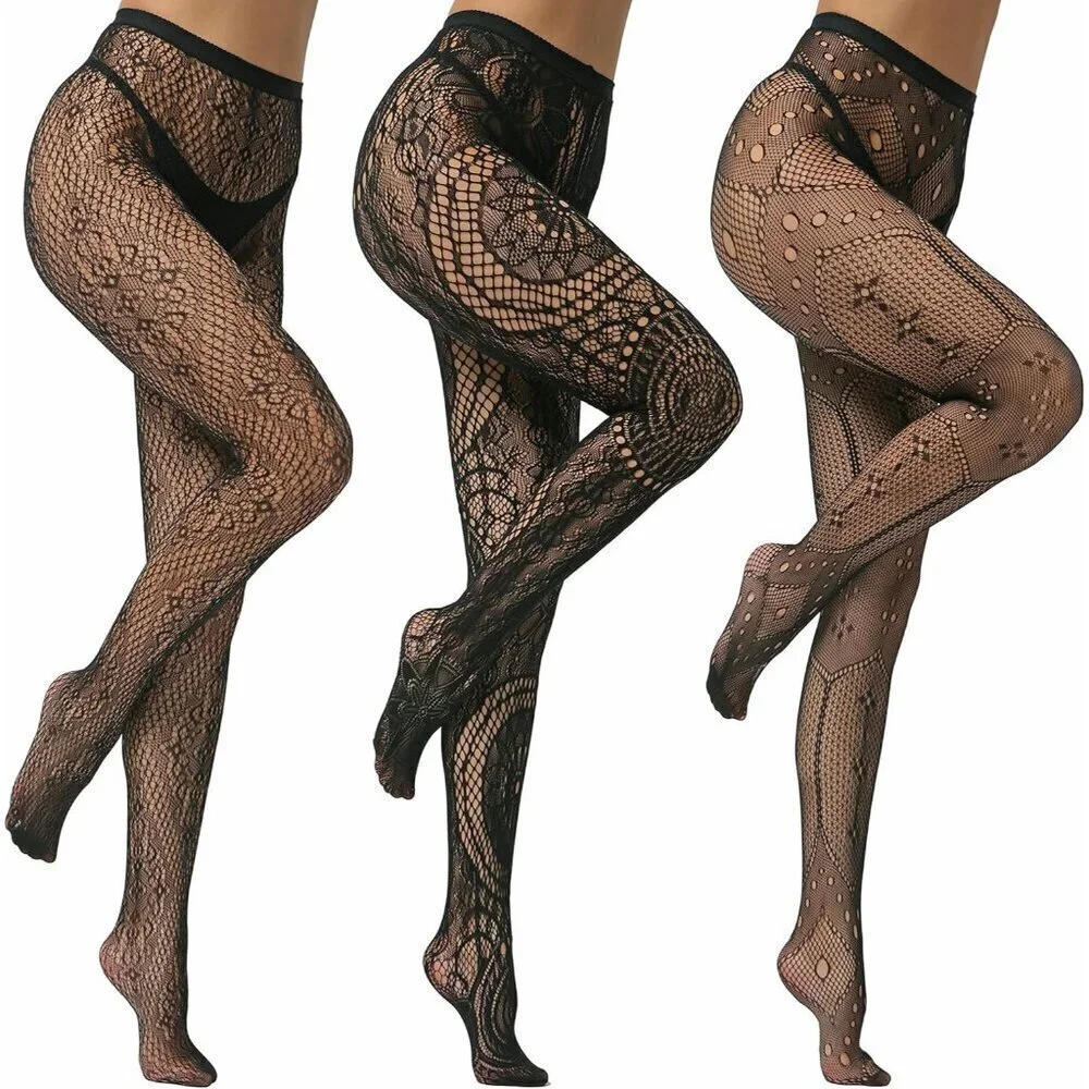 🆕Women's Black Fishnet Tights with Floral and Geometric Patterns Stylish